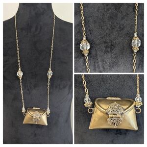Antique Pillow Purse Necklace, Brass on Gold Fill Chain